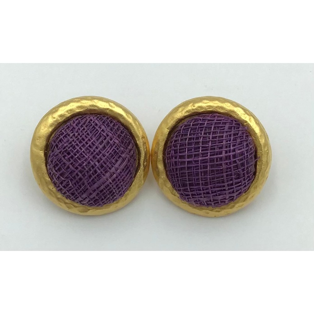 Vintage Ellen Designs Gold‎ Tone Purple Woven Hammered Button Clip On Earrings